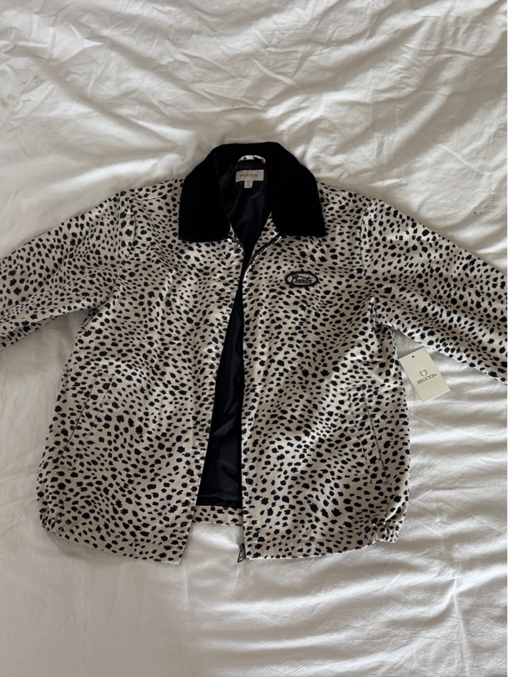 Brixton Cream Bomber Jacket with Black Spot Print and Black Collar NEW WITH TAG!
